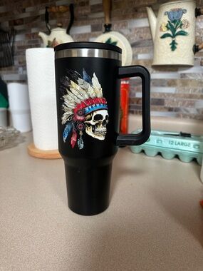 Black Stainless Steel Travel Mug with Native Headdress Skull Design
